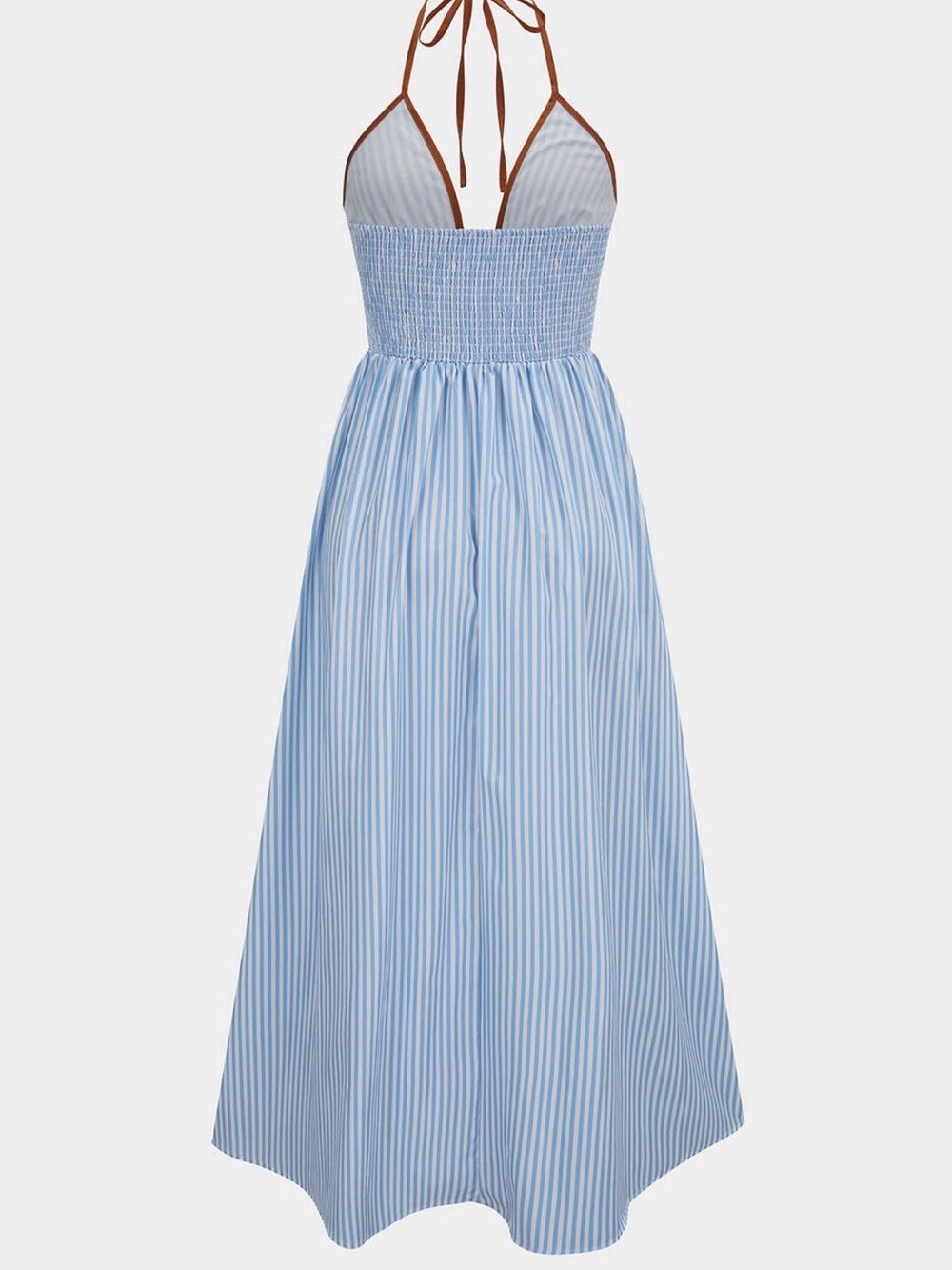 Striped Blue Halter Maxi Dress with Brown Trim - Picture 2 of 4